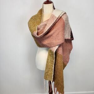 World Market Chunky Knit Scarf Shawl Wrap Pink Tan Colorblock Fringe Boho 80x19